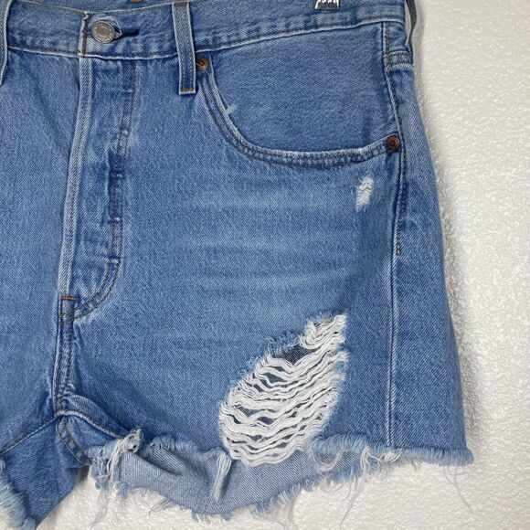 Levis 501 Shorts Womens 31 Blue Distressed Denim High Rise Cut Off Button Fly - Picture 8 of 15
